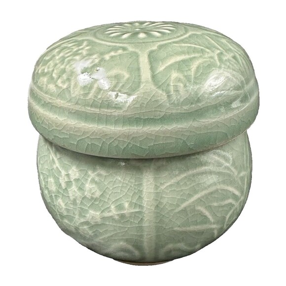 Celadon Porcelain Bamboo Floral Design Signed Caddy Pot Jar made in Korea 3 pc - Picture 5 of 12